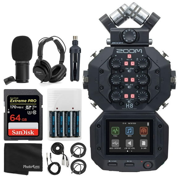 Zoom H8 8-Input / 12-Track Portable Handy Recorder For Podcasting, Music, Field Recording + Zoom ZDM-1 Podcast Mic + Headphones + Windscreen + Tabletop Stand + 64GB Extreme PRO Card - Ultimate Bundle