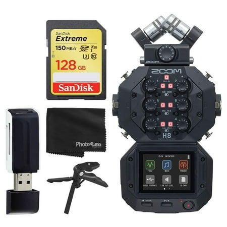 Zoom H8 Handy Recorder + 128GB Extreme UHS-I SDXC 150 MB/s Memory Card + Hi-Speed SD USB Card Reader + Table Tripod Hand Grip + Photo4Less Black Cleaning Cloth – Top Value Accessory Bundle