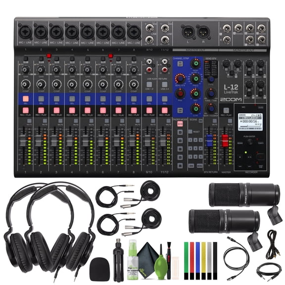 Zoom LiveTrak L-12 - 12-Channel Digital Mixer & Multitrack Recorder + 2x ZDM-1 Podcast Mic Pack + More