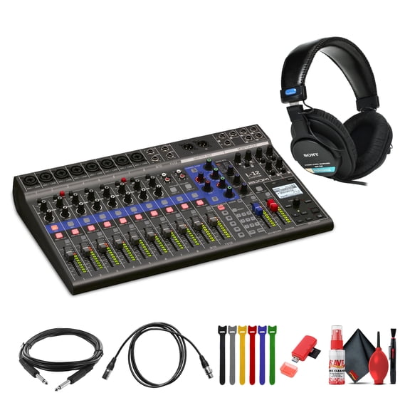 Zoom LiveTrak L-12 - 12-Channel Digital Mixer & Multitrack Recorder Bundle With MDR-7506 Professional Stereo Headphones + Extreme Pro 64GB microSDXC Memory Card + Balanced Interconnect + More