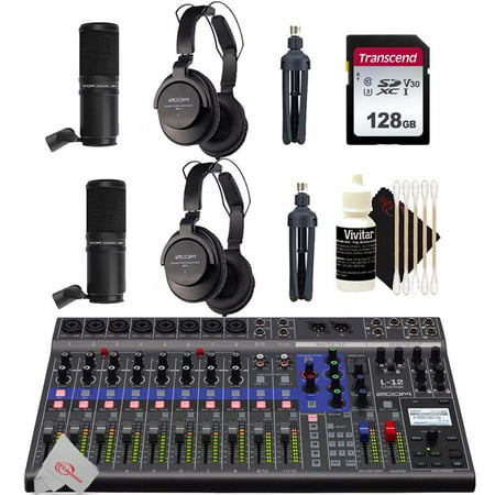 Zoom LiveTrak L-12 12 Channel Mixer Multitrack Recorder withTwo Podcast Mic Pack