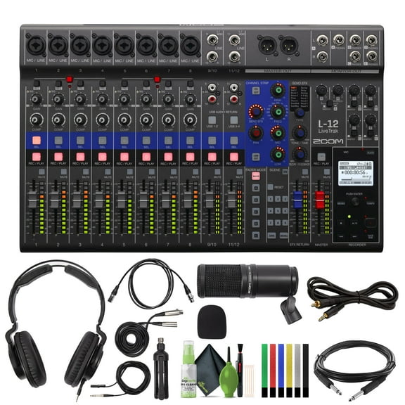 Zoom LiveTrak L-12 - 12-Channel Multitrack Recorder + Zoom ZDM-1 Podcast Mic Pack + More