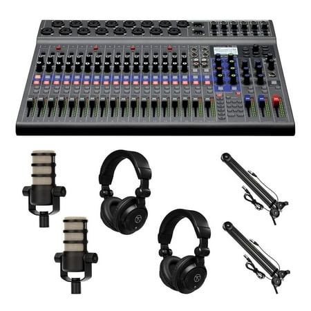 Zoom LiveTrak L-20 20-Channel Digital Mixer & Multitrack Recorder, Bundle with 2x PodMic Microphone, 2x TAPH100 Monitor Headphones, 2x Broadcast Arm
