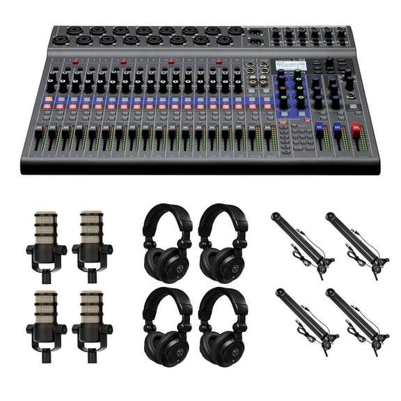 Zoom LiveTrak L-20 20-Channel Digital Mixer & Multitrack Recorder, Bundle with 4x PodMic Microphone, 4x TAPH100 Monitor Headphones, 4x Broadcast Arm