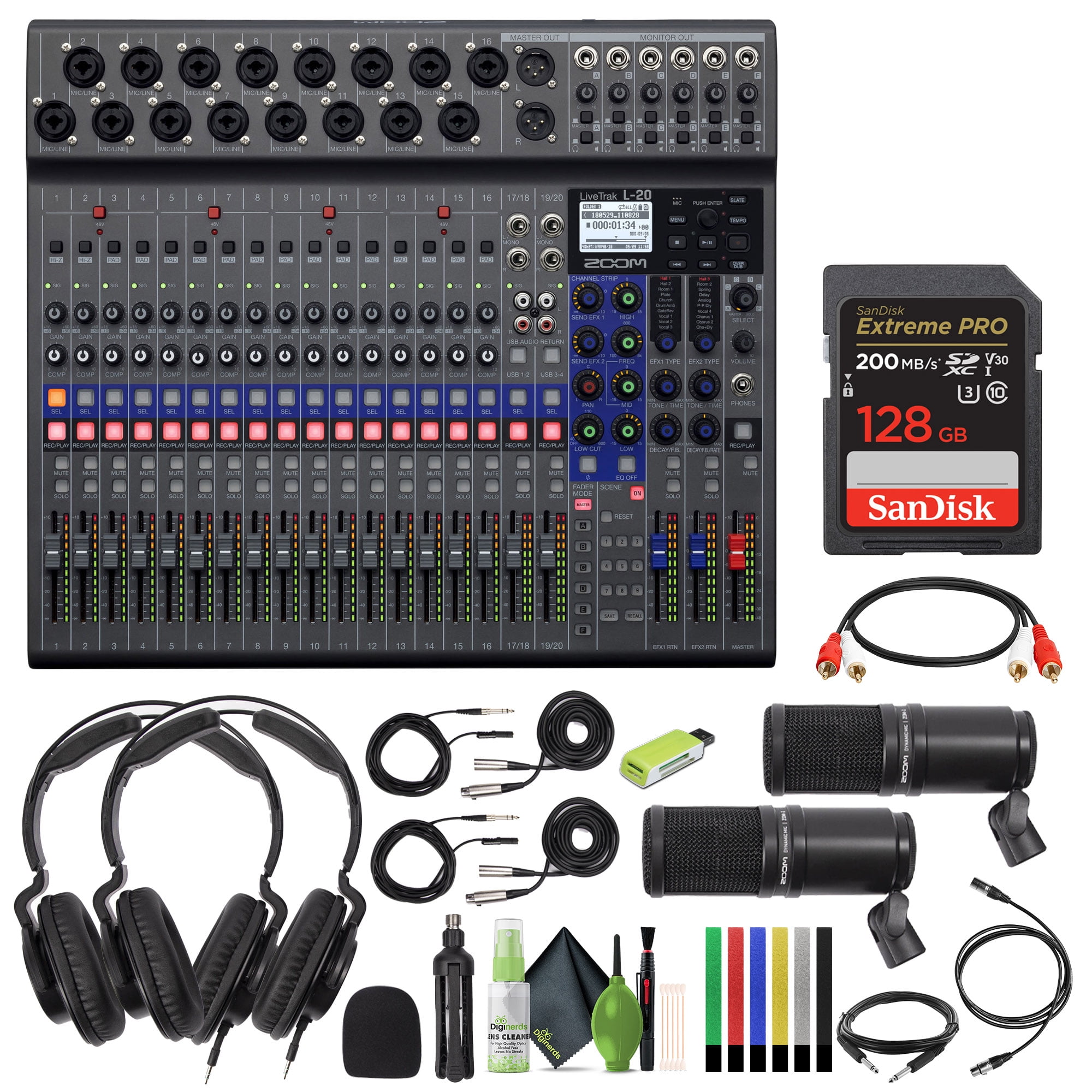 Zoom LiveTrak L-20 - 20-Input Digital Mixer & Multitrack Recorder + 2x Zoom ZDM-1 Podcast Mic Pack + USB Card Reader, SD/microSD + Xpix Balanced Interconnect, 1/4 inch TRS + Dual RCA Cable + More