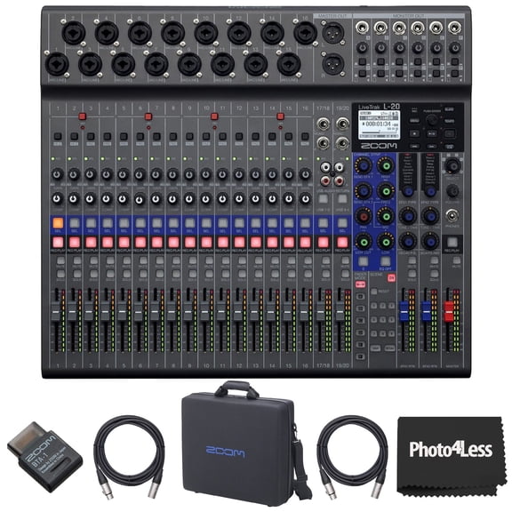 Zoom LiveTrak L-20 20 Input Digital Mixer and Multitrack Recorder Bundle with Carrying BagG, Bluetooth adapte, LiveTrak L-20 and LiveTrak L-20R, 2X XLR Cable 10ft
