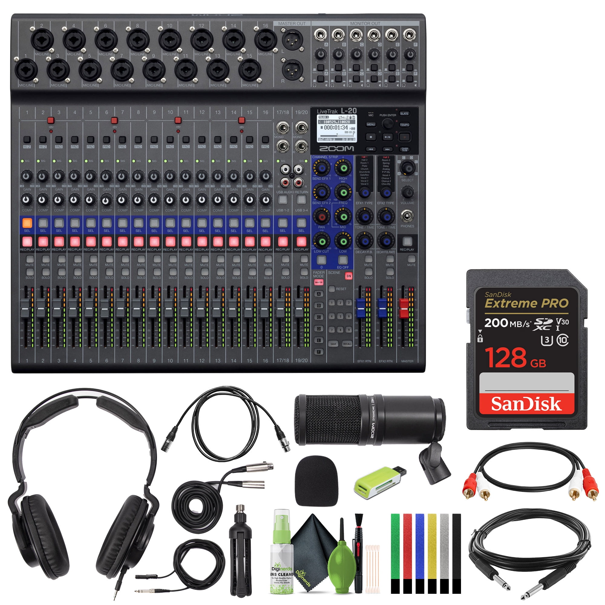 Zoom LiveTrak L-20 - 20-Input Digital Mixer & Multitrack Recorder + Zoom ZDM-1 Podcast Mic Pack + USB Card Reader, SD/microSD + Xpix Balanced Interconnect, 1/4 inch TRS + Dual RCA Cable + More