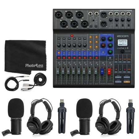 Zoom LiveTrak L-8 Portable 8-Channel Digital Mixer and Multitrack Recorder + 2x Zoom ZDM-1 Podcast Mic Pack with Headphones, Windscreens and Stands + Cleaning Cloth – 2 Person Podcasting Bundle