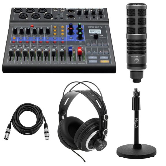 Zoom LiveTrak L-8 Portable 8-Channel Digital Mixer and Multitrack Recorder Bundle with 2x TAP300 Cardioid Dynamic Microphone, 2x Microphone Stand, 2x Semi-Open Back Headphones, 2x Microphone Cable