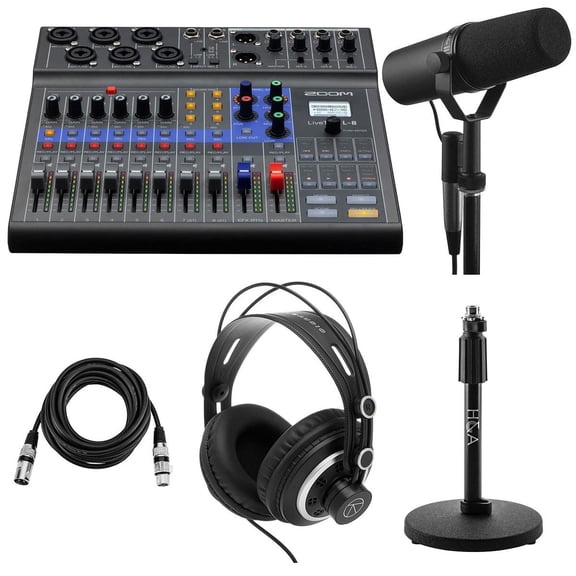 Zoom LiveTrak L-8 Portable 8-Channel Digital Mixer and Multitrack Recorder - Bundle with Shure SM7B Cardioid Vocal Mic, Desktop Mic Stand, Studio Monitor Headphone, 10' XLR Cable (5 Items)