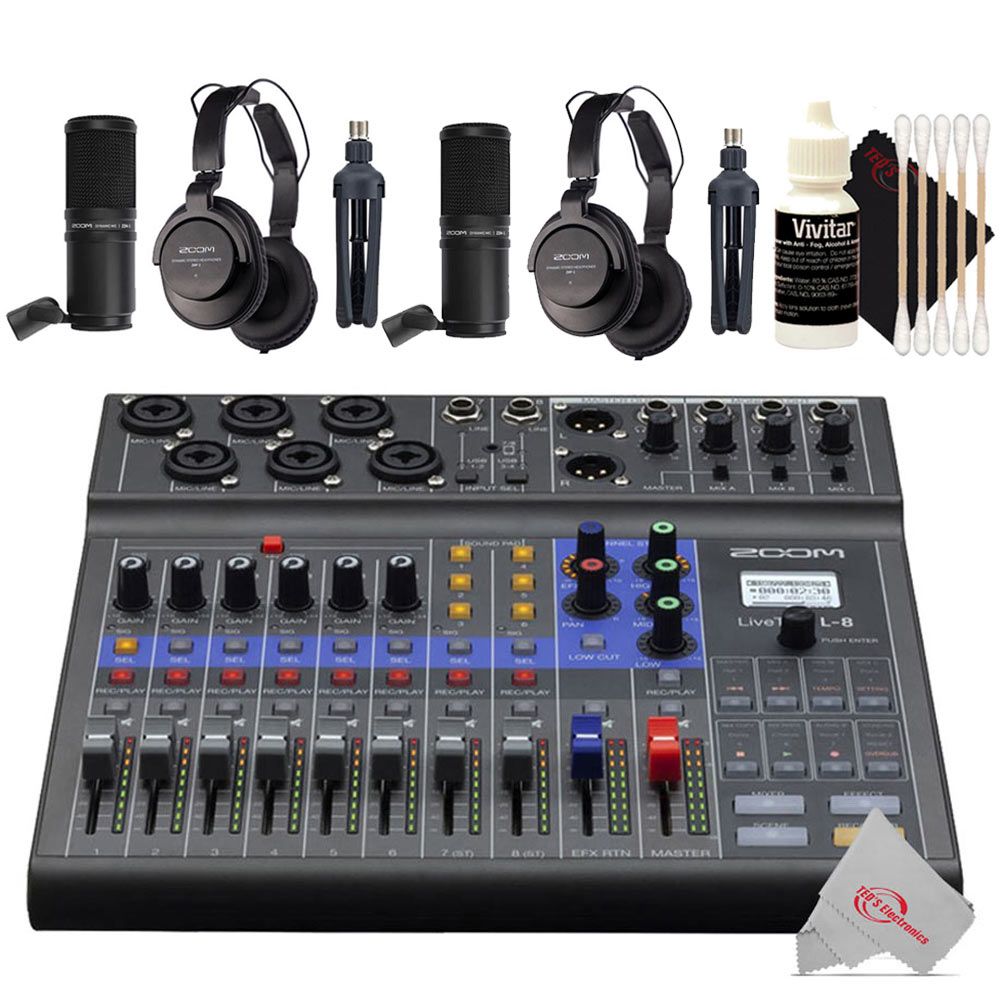 Zoom LiveTrak L-8 Portable Podcast 8-Track Digital Mixer And Multitrack Recorder with Two Pcs Zoom ZDM-1 Podcast Mic Pack Accessory Bundle - image 1 of 5