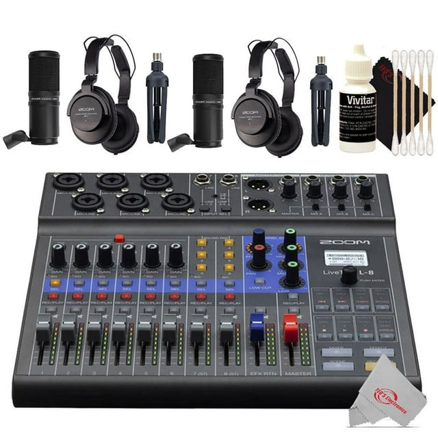 Zoom LiveTrak L-8 Portable Podcast 8-Track Digital Mixer And Multitrack Recorder with Two Pcs Zoom ZDM-1 Podcast Mic Pack Accessory Bundle