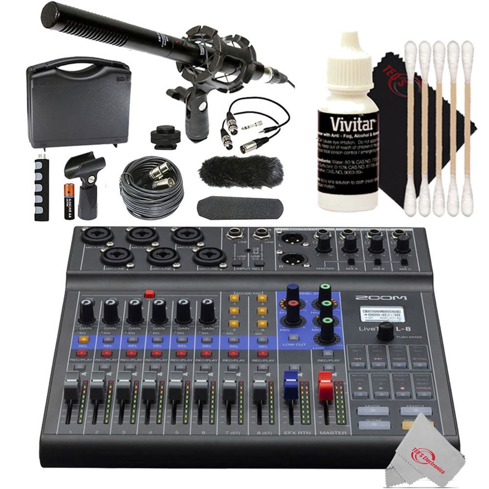 Zoom LiveTrak L-8 Portable Podcast 8-Track Digital Mixer and Multitrack Recorder with VidPro 1" Pro Microphone Kit