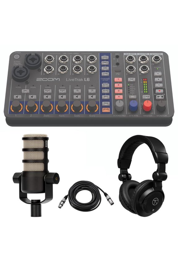 LiveTrak L6 10-Track Compact and Portable Digital Mixer/Recorder, Bundle with PodMic Microphone, TAPH100 Monitor Headphones, 25' Microphone Cable