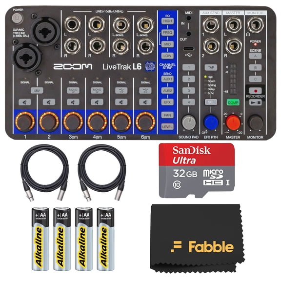 Zoom LiveTrak L6 6-Channel Digital Mixer and Multitrack Recorder Bundle with 2 10ft XLR Cables, 32GB microSDHC Card, USB Cable, AA Batteries, Limited 1-Year Manufacturer Warranty