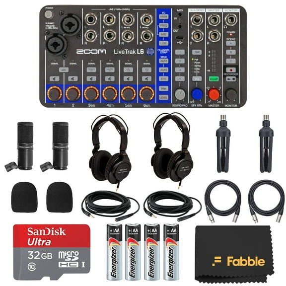 Zoom LiveTrak L6 Recording Bundle 10-Channel Digital Mixer, 2 ZDM-1 Podcast Mic Packs, 32GB microSDHC Card, AA Alkaline Batteries, Microfiber Cleaning Cloth