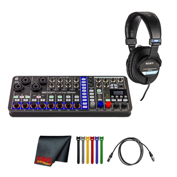 Zoom LiveTrak L6max Portable 12-Channel Mixer and Recorder + Microfiber Cleaning Cloth + 10 Ft XLR Cable + 4xAA Batteries With Charger + Wire Straps + MDR-7506 Professional Stereo Headphones