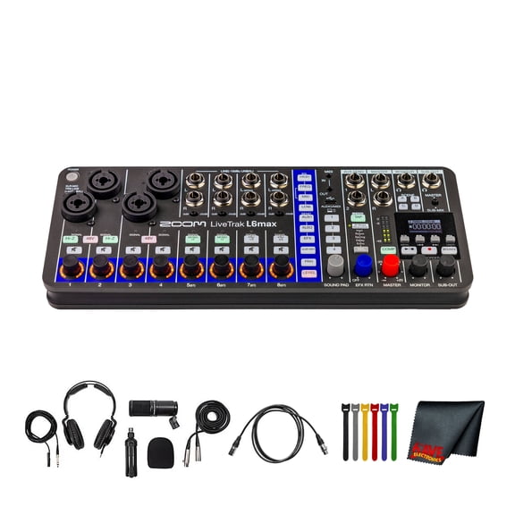 Zoom LiveTrak L6max Portable 12-Channel Mixer and Recorder + ZDM-1 Podcast Mic Pack + Microfiber Cleaning Cloth + 10 Ft XLR Cable + 4xAA Batteries With Charger + Wire Straps