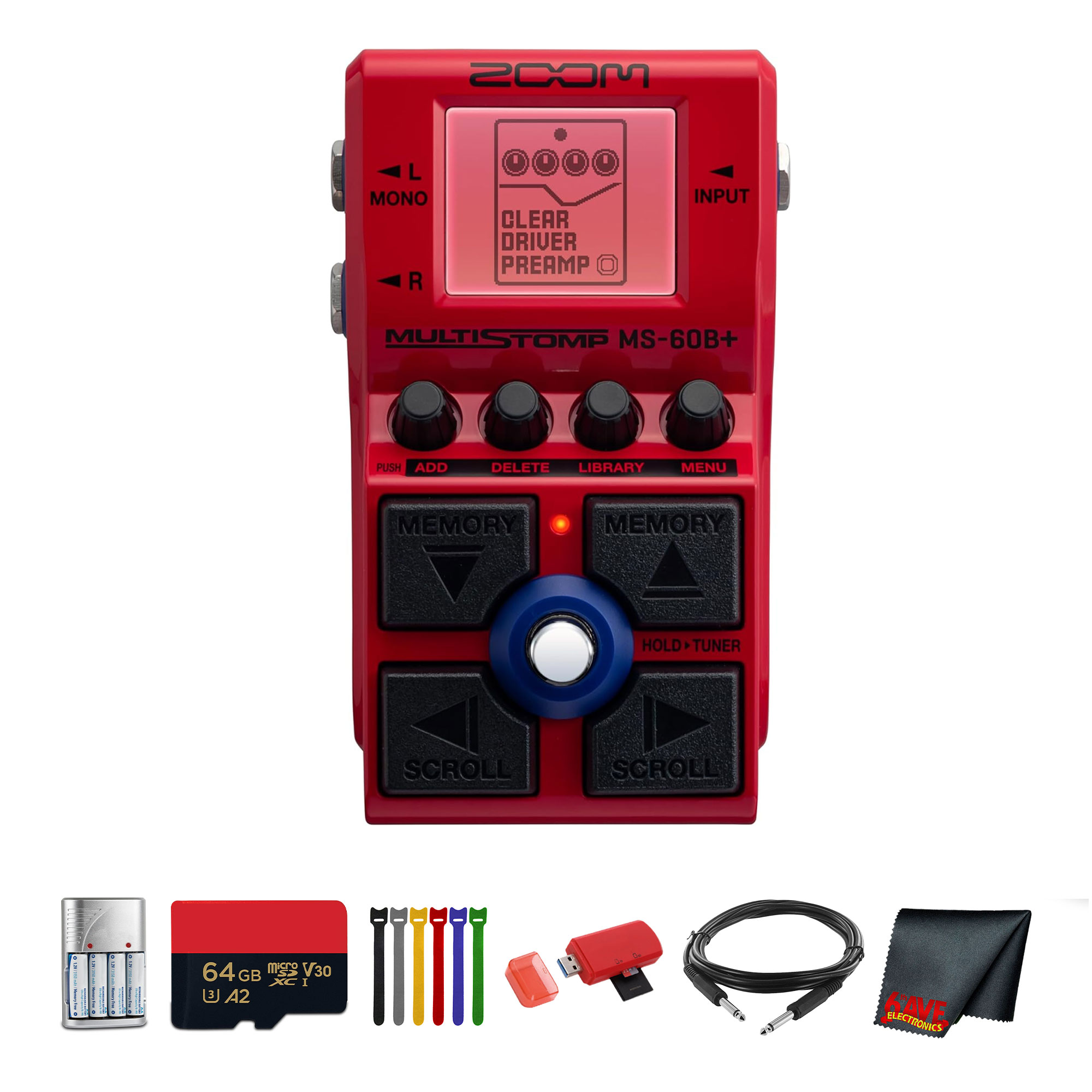 Zoom MS-60B+ MultiStomp Multi-FX Bass Pedal Bundle With Microfiber Cleaning Cloth + 4x AA Batteries With Charger + Balanced Interconnect 1/4 inch TRS to Same Cable