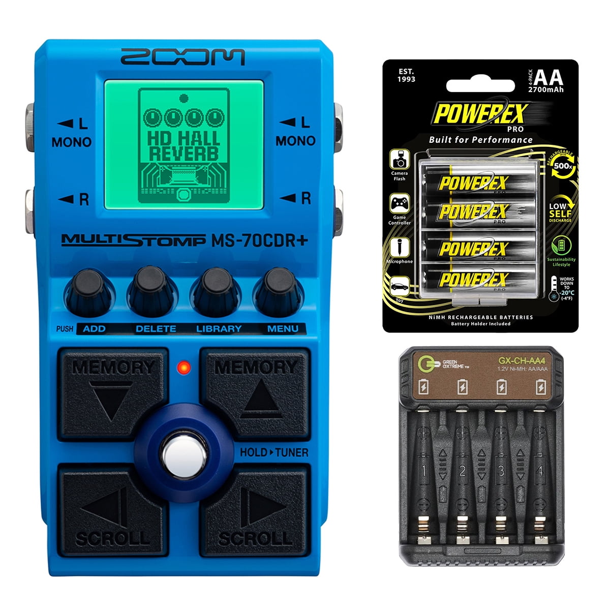 Zoom MS-70CDR+ MultiStomp Chorus/Delay/Reverb Pedal, Bundle with AA 2700mAh NiMH Batteries and 4-Bay Charger