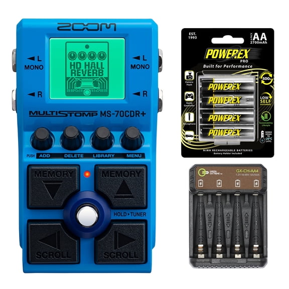 Zoom MS-70CDR+ MultiStomp Chorus/Delay/Reverb Pedal, Bundle with AA 2700mAh NiMH Batteries and 4-Bay Charger