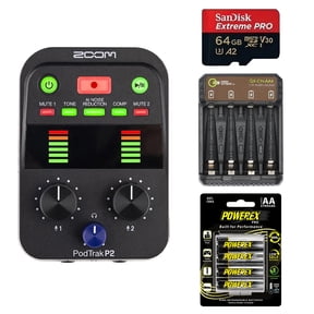 Zoom PodTrak P2 Dual USB Mic Recorder for Podcasters, Bundle with 64GB microSDXC Memory Card, 4x AA NiMH Batteries, Charger