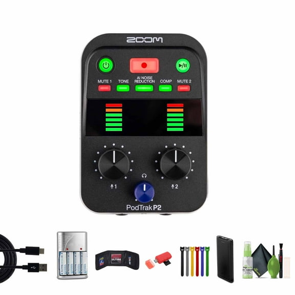 Zoom PodTrak P2 Podcast Recorder with 2 USB Mic Inputs, 2 Headphone Outputs, AI Noise Reduction, Tone & COMP Effects, Remote Guest Recording Bundle With 64GB Memory Card + More