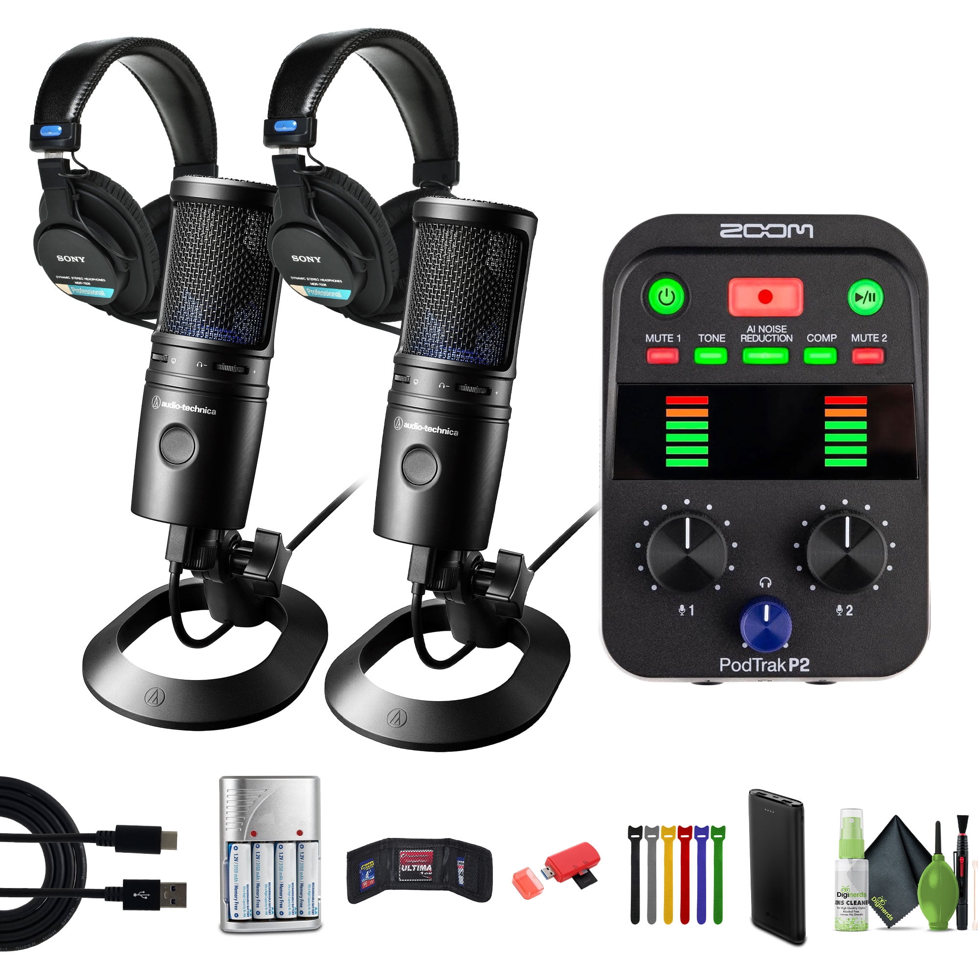 Zoom PodTrak P2 Podcast Recorder with 2 USB Mic Inputs Bundle With 2x MDR-7506 Professional Stereo Headphones + 2x AT2020USB-X Cardioid Condenser USB Microphone + More