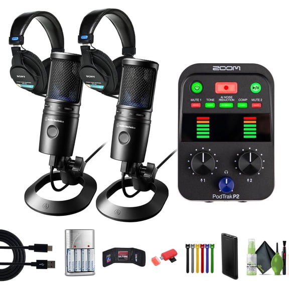 Zoom PodTrak P2 Podcast Recorder with 2 USB Mic Inputs Bundle With 2x MDR-7506 Professional Stereo Headphones + 2x AT2020USB-X Cardioid Condenser USB Microphone + More