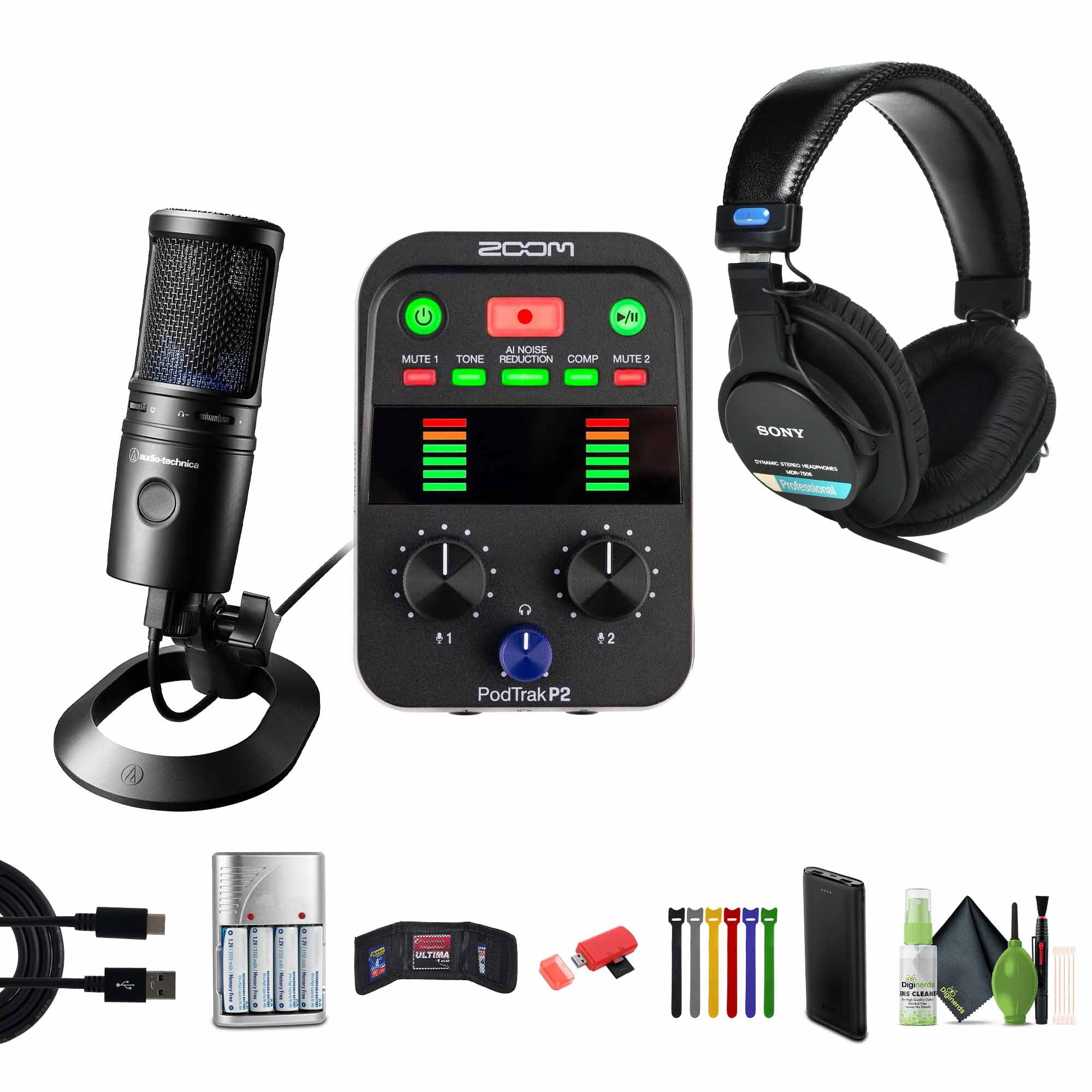 Zoom PodTrak P2 Podcast Recorder with 2 USB Mic Inputs Bundle With MDR-7506 Professional Stereo Headphones + AT2020USB-X Cardioid USB Microphone + 64GB Memory Card + More