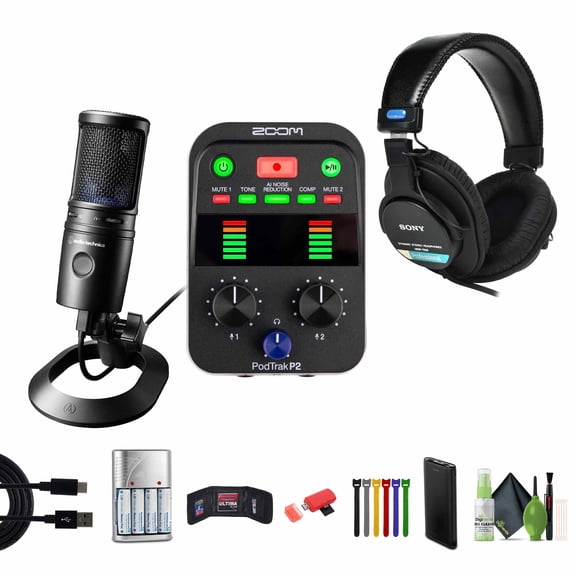 Zoom PodTrak P2 Podcast Recorder with 2 USB Mic Inputs Bundle With MDR-7506 Professional Stereo Headphones + AT2020USB-X Cardioid USB Microphone + 64GB Memory Card + More