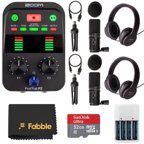 Zoom PodTrak P2 Podcasting Bundle: Includes PodTrak P2 Recorder, 2 ZUM-2 Podcast Mic Packs, 32GB microSDHC Card, AA Rechargeable Battery Kit with Charger, and Premium Black Microfiber Cleaning Cloth