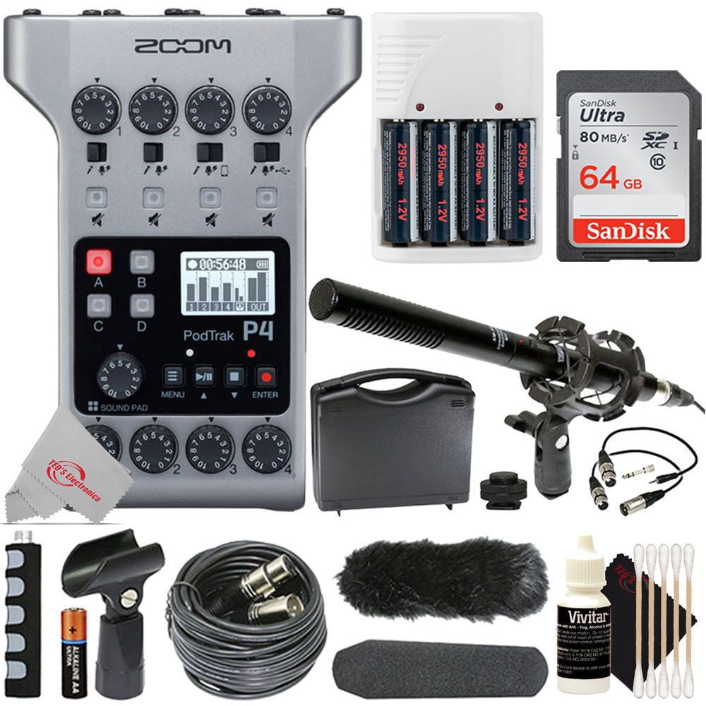 Zoom PodTrak P4 Multitrack Podcast Recorder with Shotgun Microphone Kit