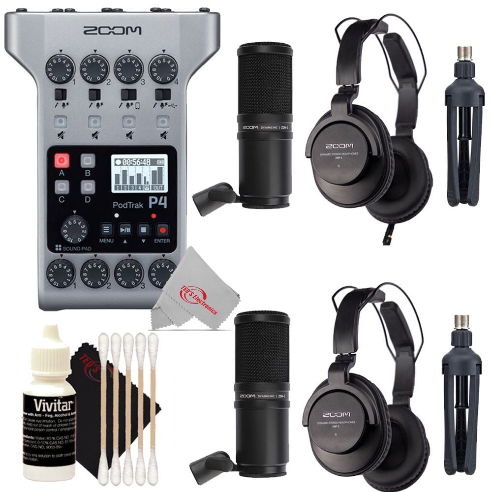 Zoom PodTrak P4 Multitrack Podcast Recorder with Two Pcs Mic Pack