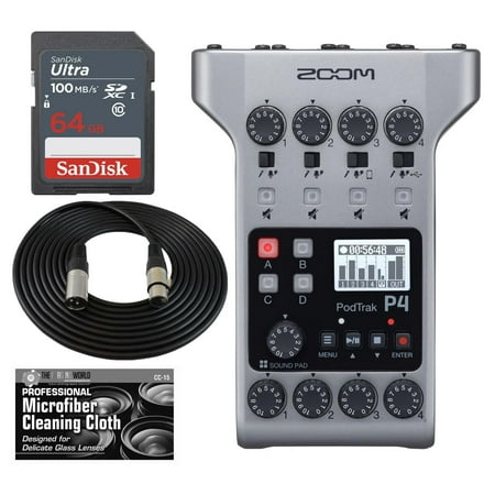Zoom PodTrak P4 Podcast Recorder with 4 Microphone Inputs, 4 Headphone Outputs, Phone and USB Input for Remote Interviews + 64GB Card + Extra SLR Cable