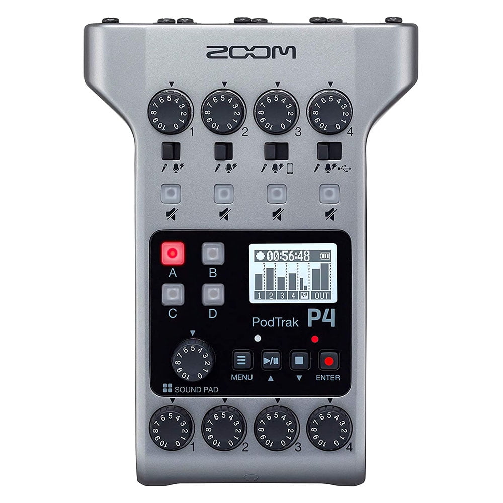 Zoom PodTrak P4 Podcast Recorder, Battery Powered, 4 Microphone Inputs, 4 Headphone Outputs, Phone and USB Input for Remote Interviews, Sound Pads, 2-In/2-Out Audio Interface