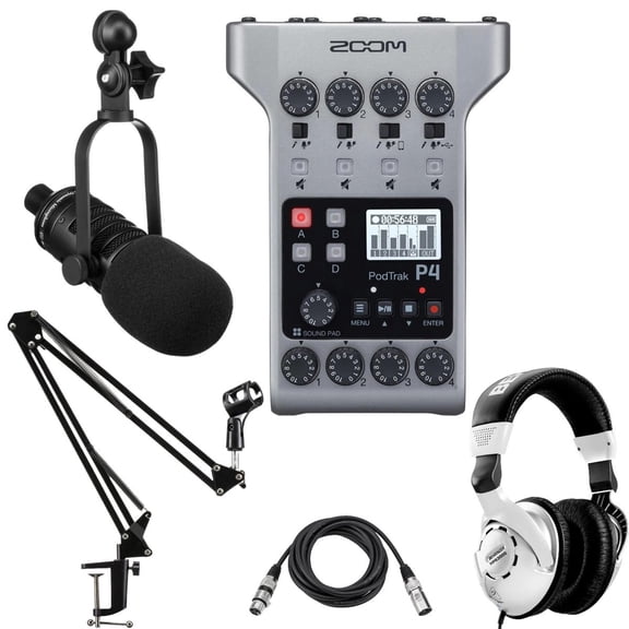 Zoom PodTrak P4 Podcast Recorder Bundle with Studio Microphone, Headphones, and Broadcast Arm