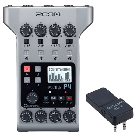 Zoom PodTrak P4 Portable Multitrack Battery Powered, 4 Microphone Inputs, 4 Headphone Outputs, 2-In/2-Out Podcast Recorder Bundle with BTA-2 Bluetooth Adapter