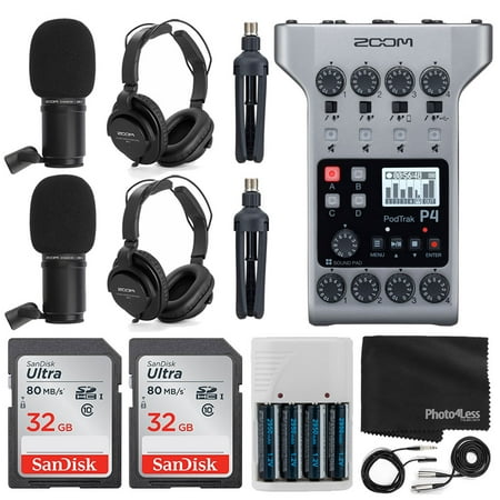 Zoom PodTrak P4 Portable Multitrack Podcast Recorder + 2x Zoom M-1 Mic + 2x Headphones + Windscreen + XLR Cable + Tabletop Stand + 2x 32GB Memory Card + 4 AA Batteries and Charger + Cloth – Top Bundle