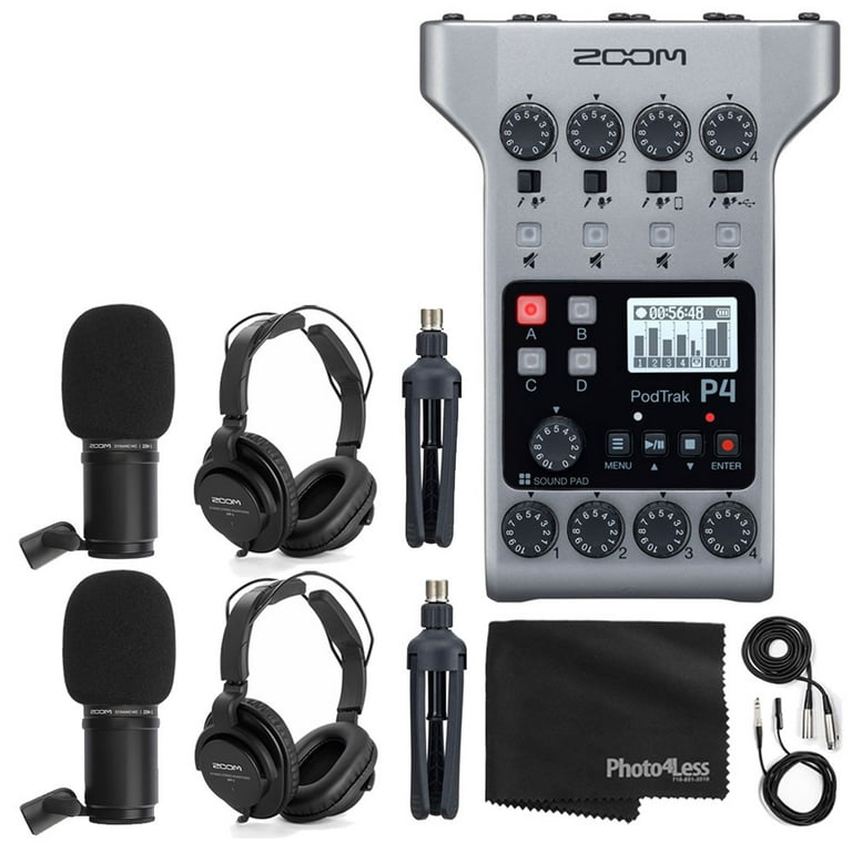 Zoom PodTrak P4 Portable Multitrack Podcast Recorder + 2x Zoom M-1 Mic + 2x Headphones + Windscreens + XLR Cables + 2x Tabletop Stand + Cloth – 2