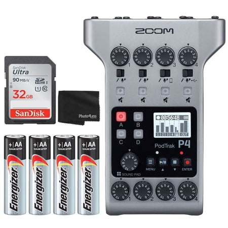 Zoom PodTrak P4 Portable Multitrack Podcast Recorder + 32GB Ultra SDHC Memory Card + 4x AA Batteries + Cleaning Cloth – Deluxe Podcasting Bundle