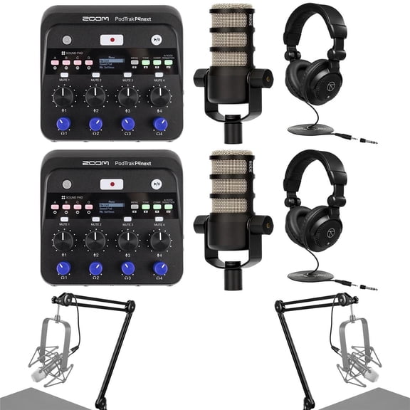 Zoom PodTrak P4next Podcast Recorder with PodMic Dynamic Podcasting Microphone, Closed-Back Studio Monitor Headphones, and Broadcast Arm with Internal Springs and Integrated 10' XLR Cable