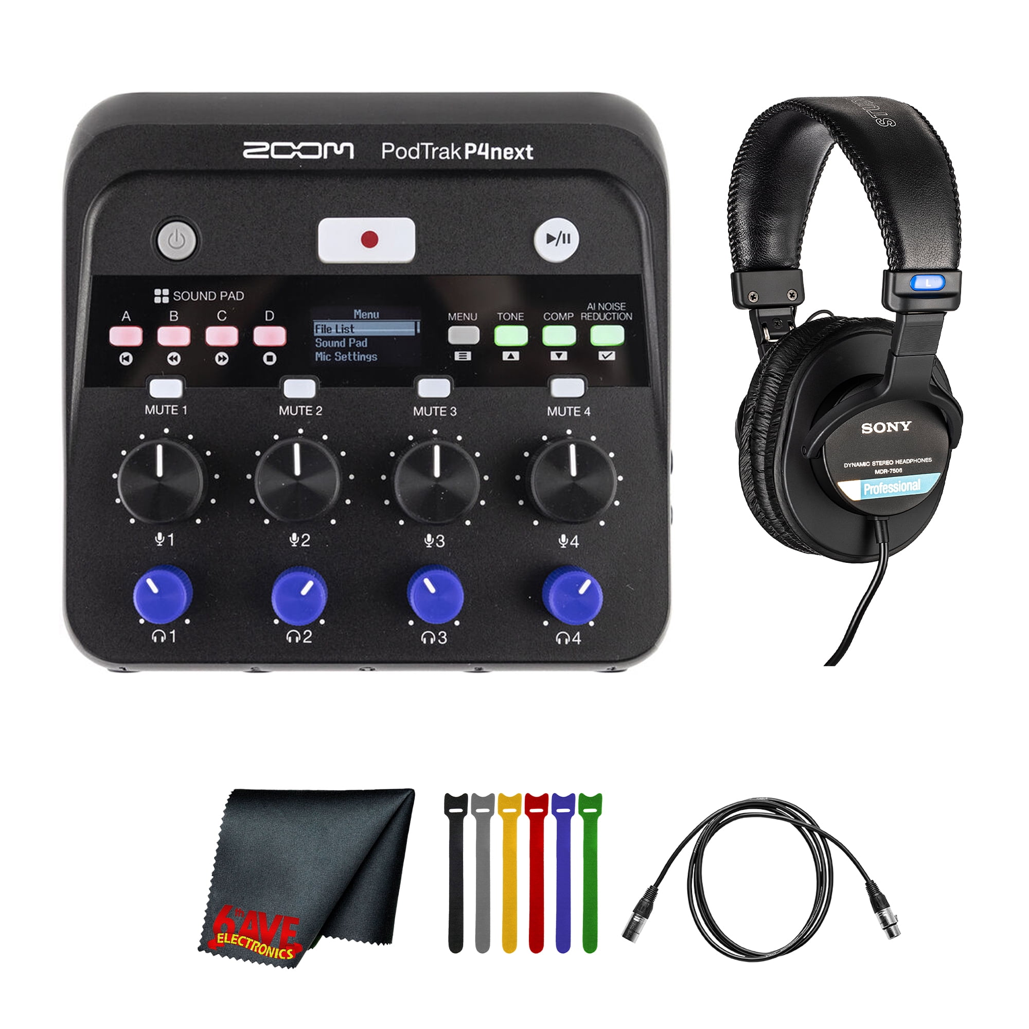 Zoom PodTrak P4next Portable Multitrack Podcast Recorder, 4 Microphone XLR Inputs +70 dB Gain, AI Noise Reduction, 48 kHz/24-Bit Recording Bundle with MDR-7506 Professional Stereo Headphones + More