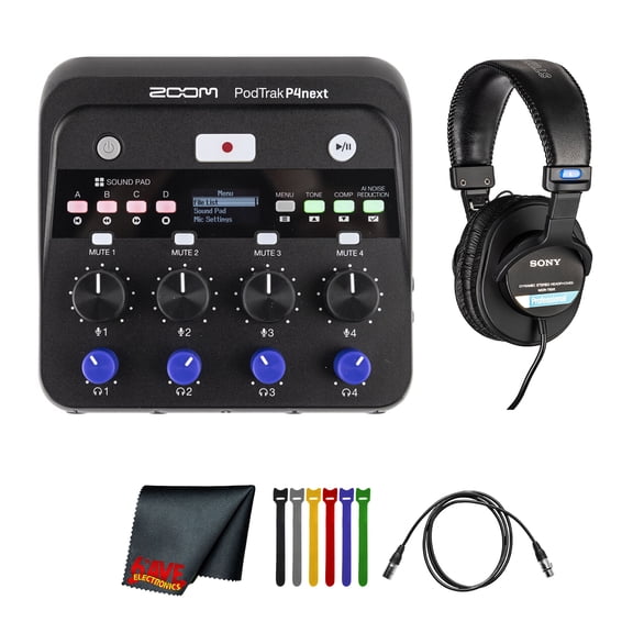 Zoom PodTrak P4next Portable Multitrack Podcast Recorder, 4 Microphone XLR Inputs +70 dB Gain, AI Noise Reduction, 48 kHz/24-Bit Recording Bundle with MDR-7506 Professional Stereo Headphones + More