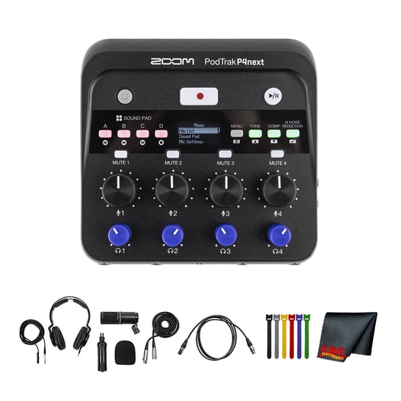 Zoom PodTrak P4next Portable Multitrack Podcast Recorder, 4 XLR Inputs +70 dB Gain, AI Noise Reduction, 48 kHz/24-Bit Recording Bundle with ZDM-1 Podcast Mic Pack, Podcast Microphone, ZHP-1 Headphone