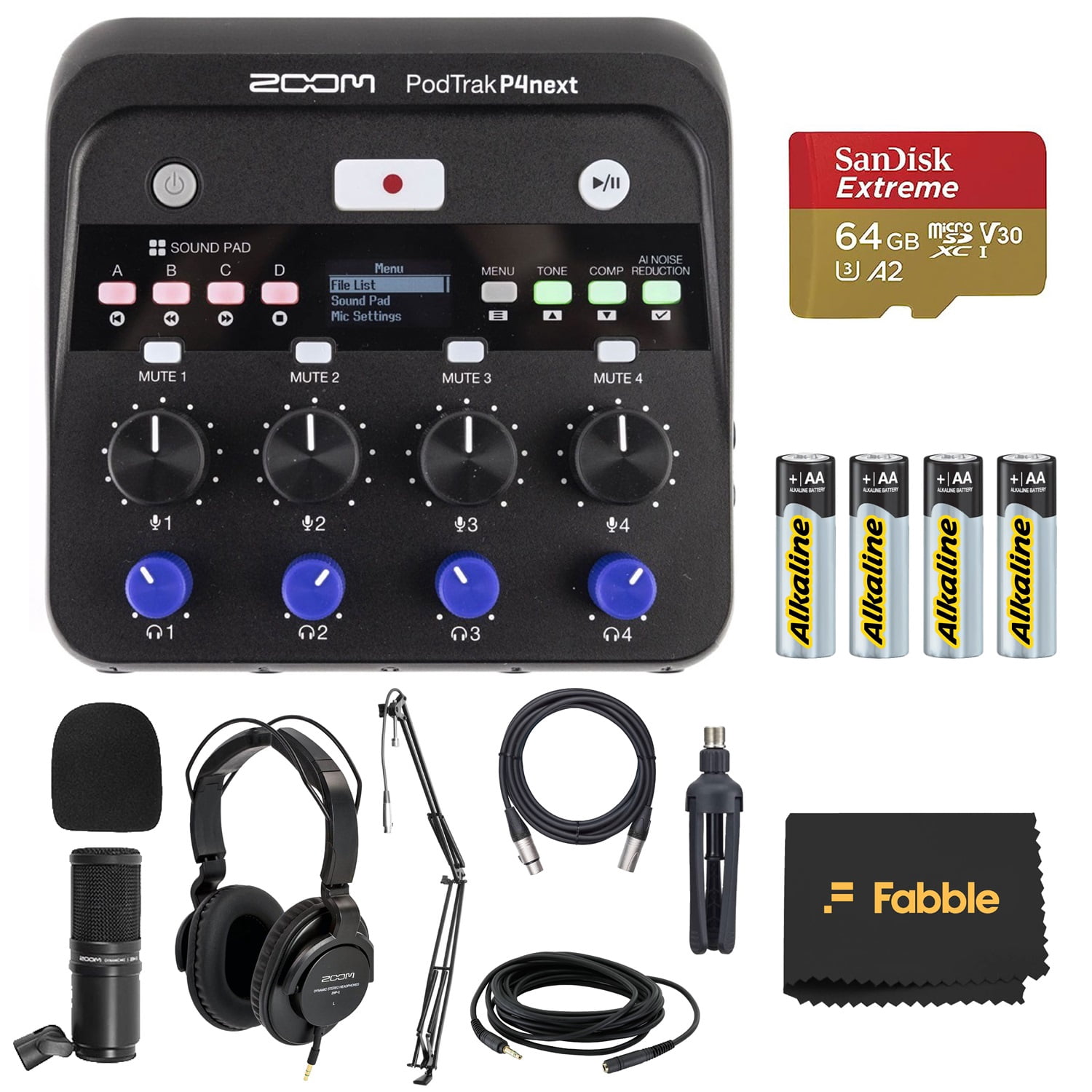 Zoom PodTrak P4next Portable Multitrack Podcast Recorder Bundle with 1 Zoom ZDM-1 Podcast Mic Packs, 1 On-Stage MBS5000 Boom Arms with XLR Cables, 64GB microSDXC Card and AA Batteries