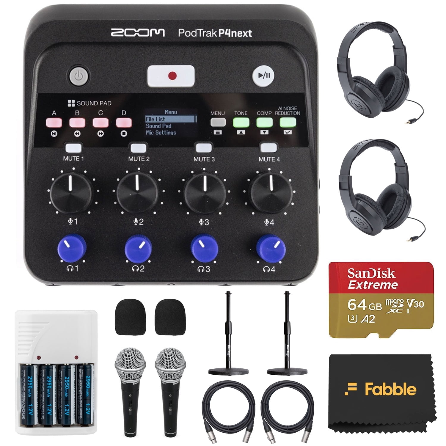 Zoom PodTrak P4next Portable Multitrack Podcast Recorder Bundle with 2 Samson R21S Microphones, SR350 Headphones, Desktop Mic Stands, XLR Cables, 64GB microSDXC Card and AA Batteries