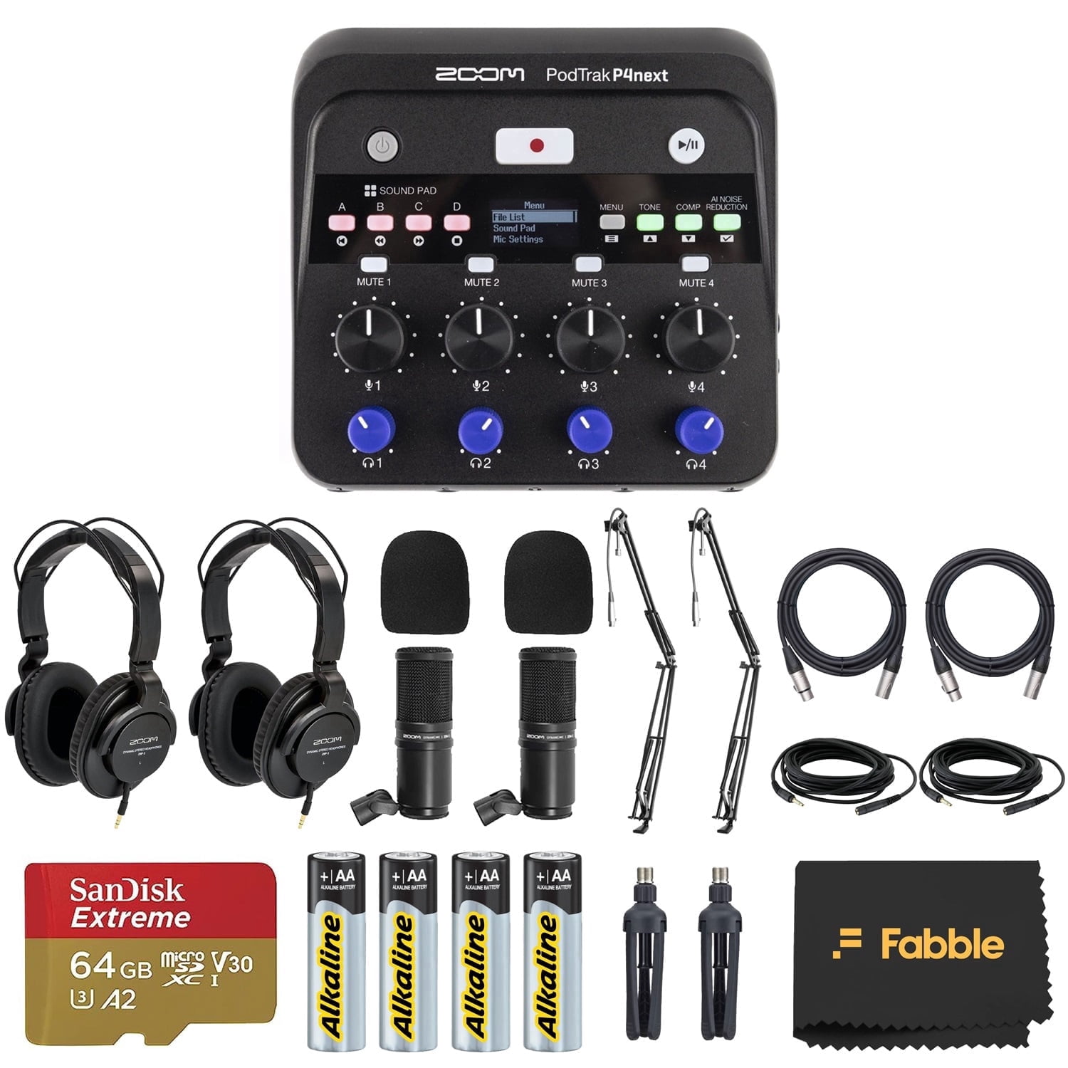 Zoom PodTrak P4next Portable Multitrack Podcast Recorder Bundle with 2 Zoom ZDM-1 Podcast Mic Packs, 2 On-Stage MBS5000 Boom Arms with XLR Cables, 64GB microSDXC Card and AA Batteries