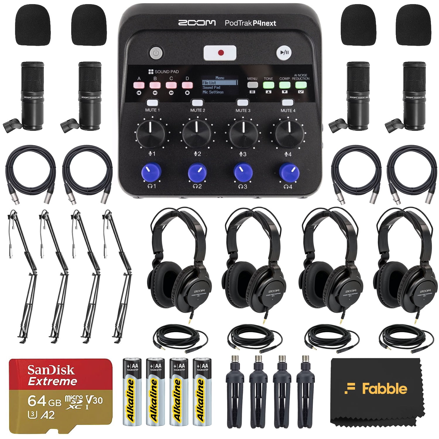 Zoom PodTrak P4next Portable Multitrack Podcast Recorder Bundle with 4 Zoom ZDM-1 Podcast Mic Packs, 4 On-Stage MBS5000 Boom Arms with XLR Cables, 64GB microSDXC Card and AA Batteries