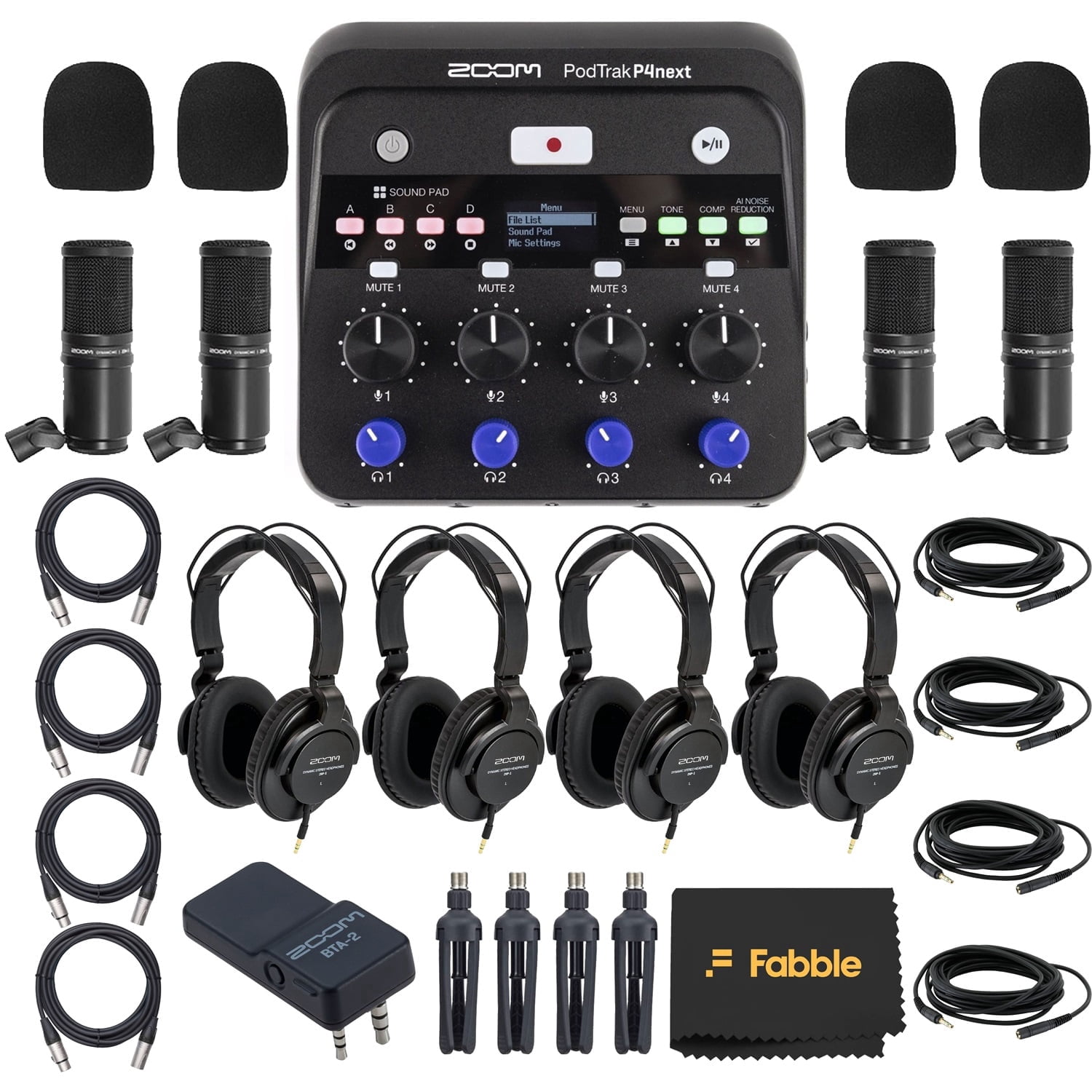 Zoom PodTrak P4next Portable Multitrack Podcast Recorder Bundle with 4 Zoom ZDM-1 Podcast Mic Packs, ZHP-1 Closed-Back Headphones, Tabletop Mic Stands, XLR Cables, Foam Windscreens, and BTA-2 Adapter